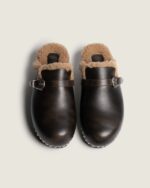 Clog Cortina Coffee Posa — zueco mujer cuero con forro pelo beige The Pink Shop